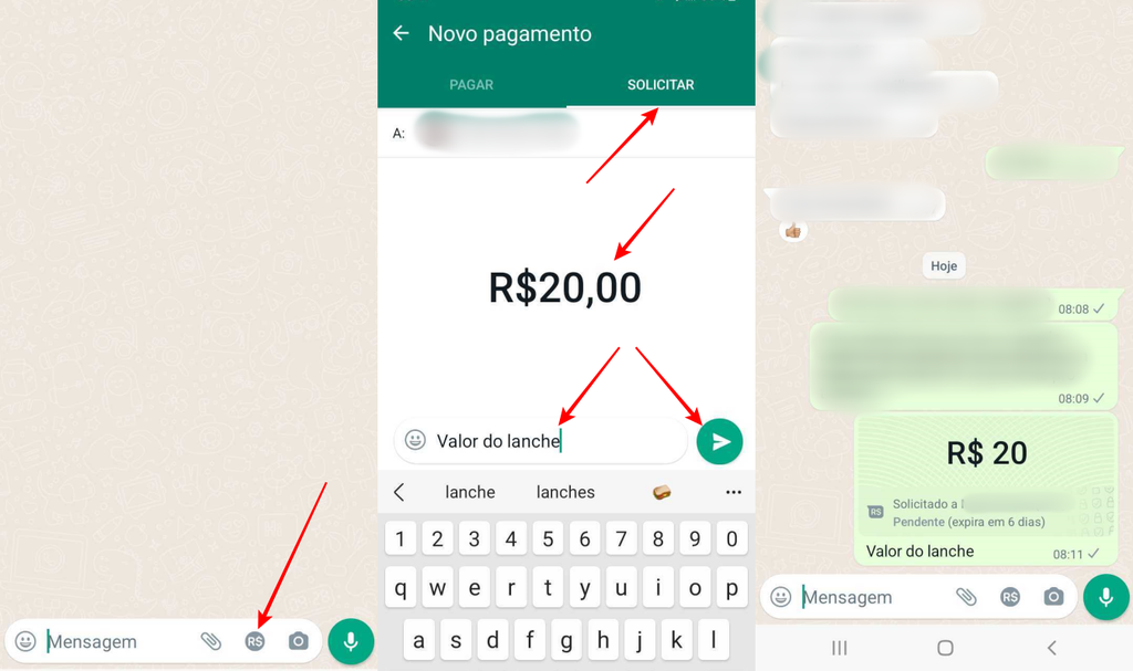 Quem tem cartão cadastrado no Meta Pay pode solicitar cobranças pelo WhatsApp em poucos toques (Imagem: Captura de tela/Fabrício Calixto/Canaltech)