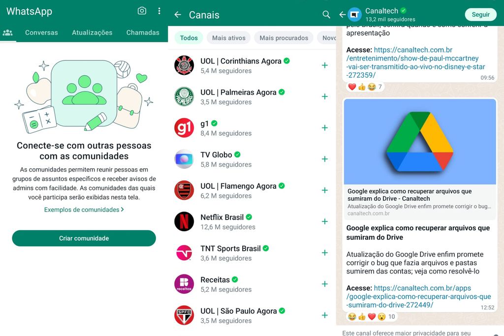 WhatsApp conta com comunidades e canais no app (Imagem: Captura de tela/Guilherme Haas/Canaltech)