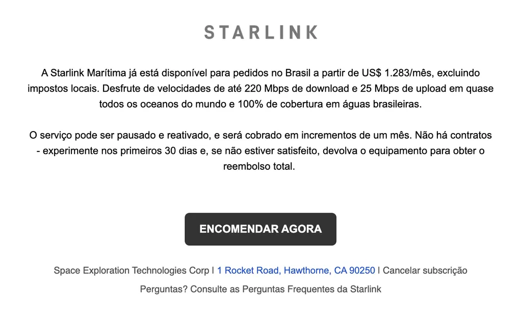 O Canaltech recebeu o comunicado da SpaceX por e-mail, anunciando a chegada da Starlink nos mares brasileiros (Captura de tela: Canaltech()