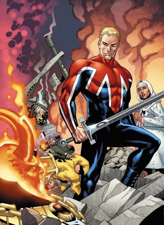 A origem do Capitão Britânia é bem diferente nos quadrinhos, mas é impossível não traçar os paralelos com a Capitã Carter (Imagem: Reprodução/Marvel Comics)