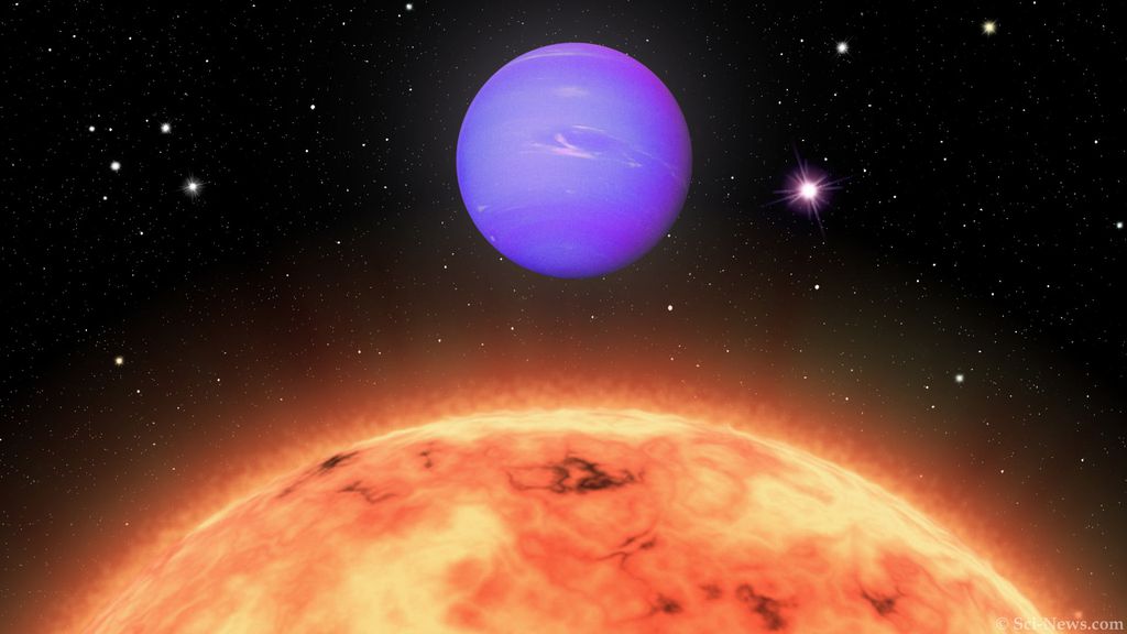 Ilustração que msotra o Netuno quente TOI-824b e a estrela TOI-824 (Imagem: Sci-News.com)