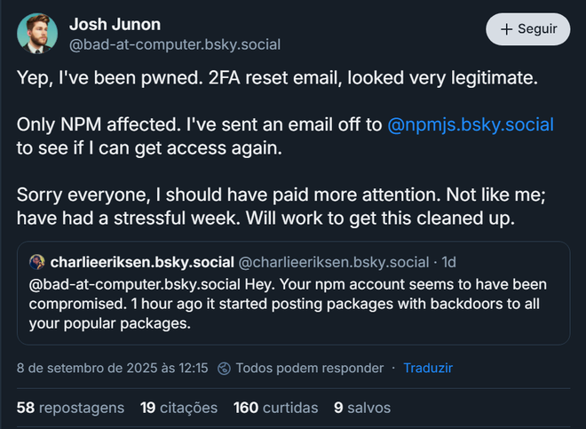 Josh Junon, responsável por manter o qix, foi vítima de um e-mail de phishing, vazando o acesso a pacotes npm e deixando carteiras de criptomoeda vulneráveis: neste post do Bluesky, ele se desculpa pelo incidente (Imagem: Josh Junon/Blueskly)