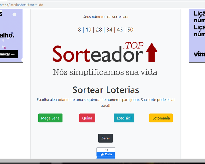 O Sorteador também indica números para a Loteria (Captura de tela: Ariane Velasco)