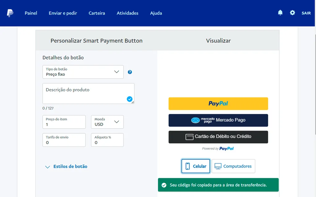 Saiba como criar e personalizar botão de pagamento do PayPal (Captura de tela: André Magalhães)