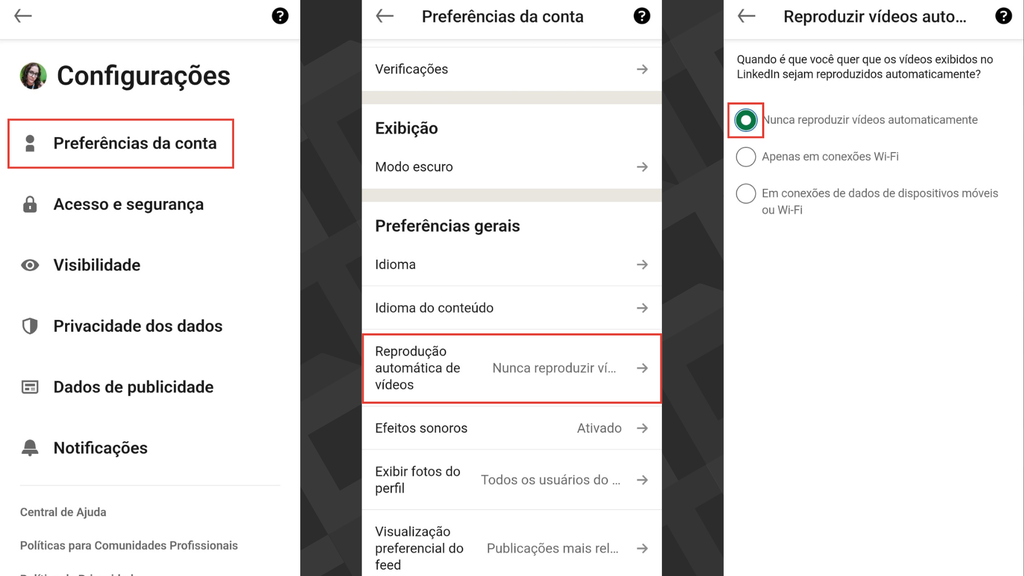 Passos para desativar o autoplay do LinkedIn