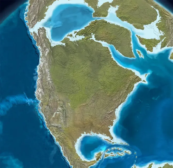 América do Norte durante o Paleoceno, de 55 a 65 milhões de anos atrás, quando o continente estava ligado ao Ártico, próximo da Europa (Imagem: Ron Blakey/NAU/Deep Time Maps)