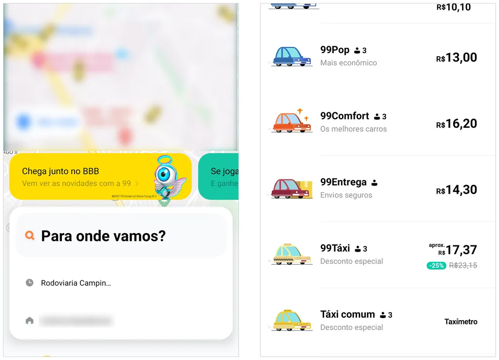 Aplicativo da 99 possui função para pedir táxi (Captura de tela: André Magalhães)