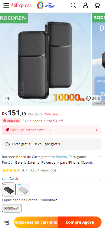 PowerBank Rocoren 10000mAh INTERNACIONAL Canaltech Ofertas