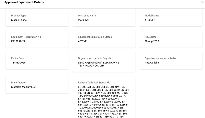 Motorola Moto G72 em certificações