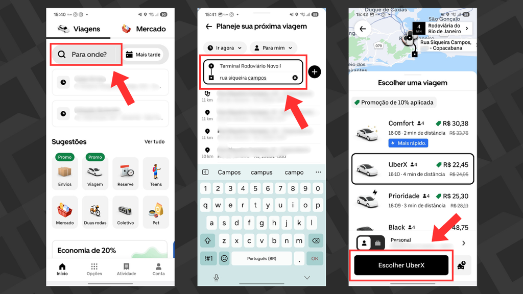 capturas de tela do uber