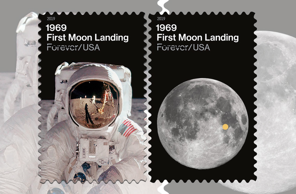 Até o serviço postal dos EUA celebrou os 50 anos da Apollo 11 ao lançar selos comemorativos em edição limitada (Imagem: Reprodução/USPS)