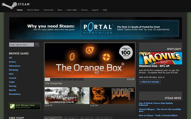 O site da Steam modificou o visual em 2008 (Imagem: Reprodução/Web Design Museum)