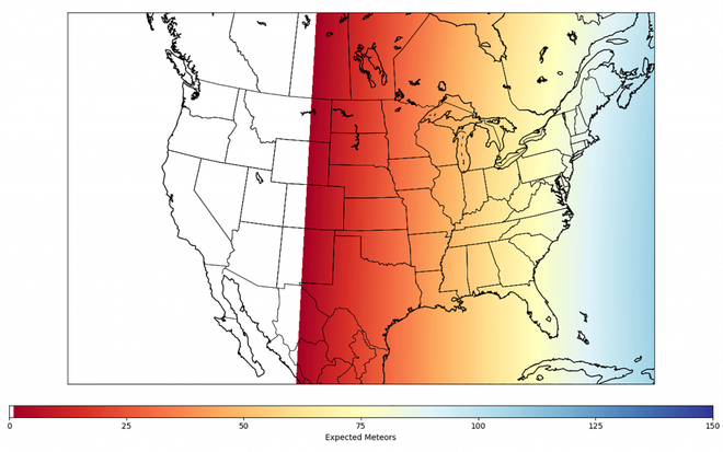 A previsão de Bill Cooke, da NASA, é um pouco menos otimista. Este mapa mostra o número total de meteoros que os observadores nos Estados Unidos podem esperar ver na chuva de meteoros Alfa Monocerotid, caso as taxas sejam semelhantes às de 1995 (Imagem: Cooke/NASA)