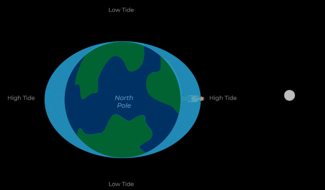 Na animação, o observador percebe as marés altas ao passar pela "proeminência" dos oceanos, e as marés baixas, nos pontos mais baixos (Imagem: Reprodução/NASA)