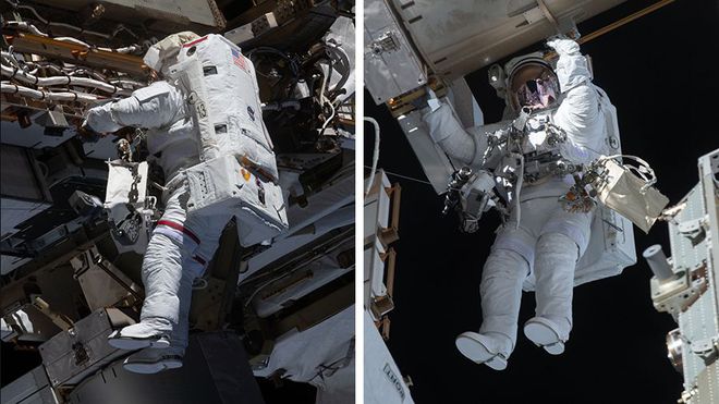 Os astronautas durante o segundo spacewalk (Imagem: Reprodução/NASA)