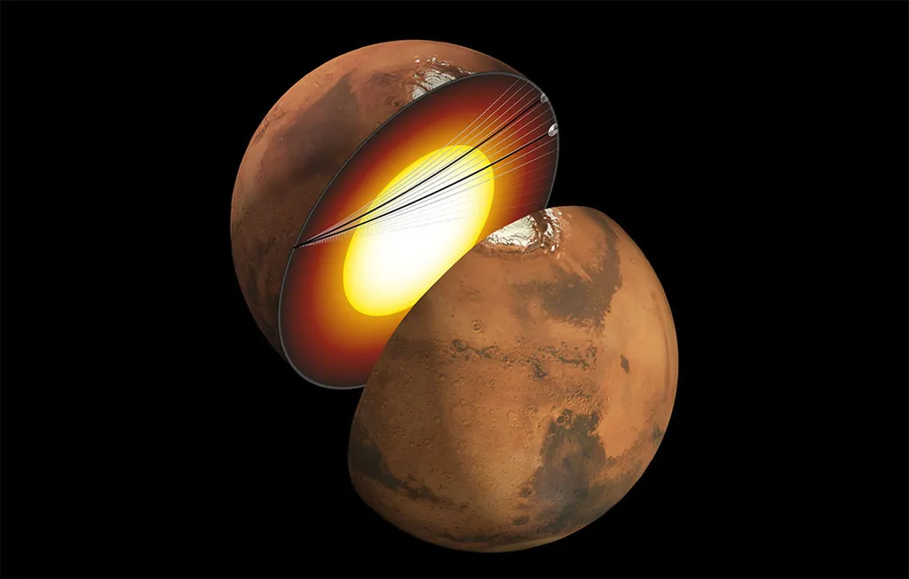 Representação do interior de Marte com as trajetórias das ondas sísmicas observadas em 2021 (Imagem: Reprodução/NASA/JPL-Caltech/University of Maryland)