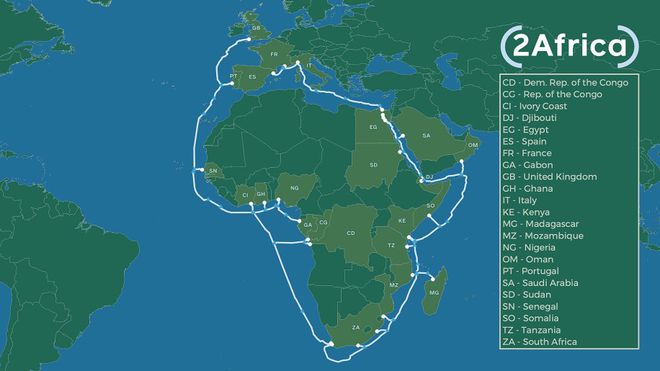 O mapa do projeto, intitulado "2Africa", lista todos os países que serão contemplados pelas novas capacidades de conexão do cabo anunciado pelo Facebook (Imagem: Reprodução/Facebook)