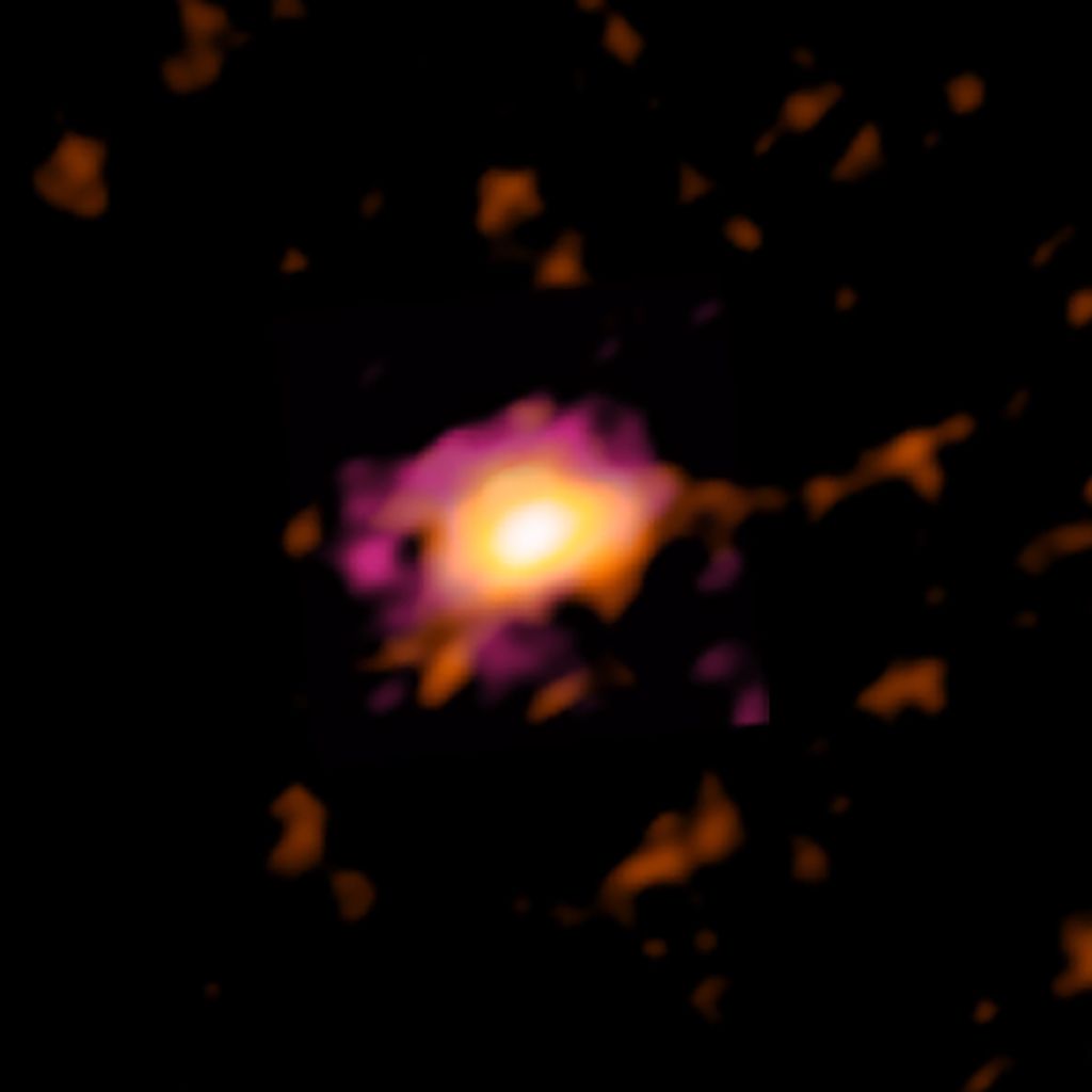 Imagem de rádio do Wolfe Disk, mostra quando o universo tinha apenas 10% da sua idade atual (Imagem: ALMA/M. Neeleman/NRAO/AUI/NSF, S. Dagnello)