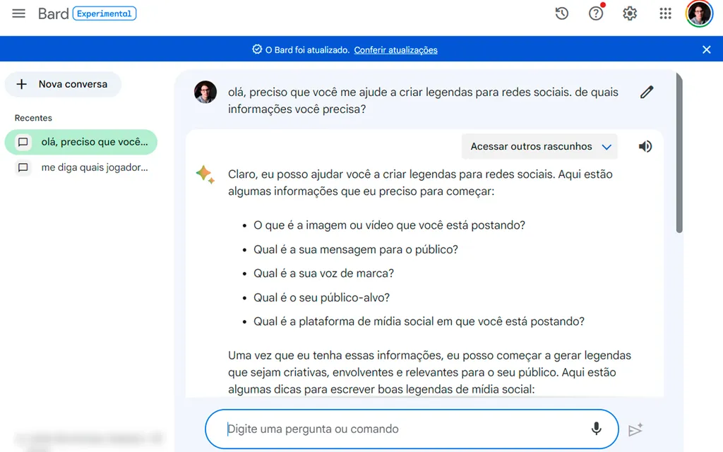 A IA do Google consegue produzir textos (Imagem: Captura de tela/André Magalhães/Canaltech)