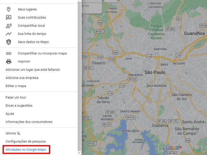 Role o menu aberto até o final e selecione "Atividades no Google Maps" (Captura de tela: Matheus Bigogno)
