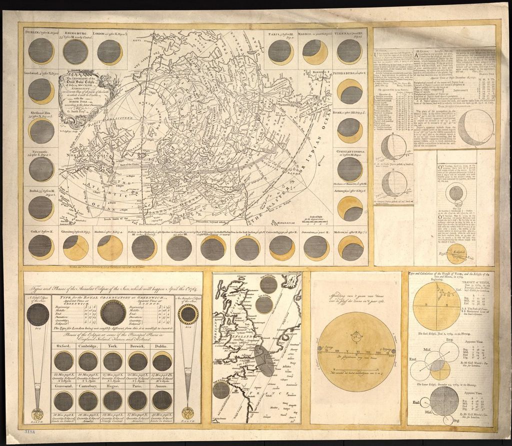 Geografia do grande eclipse solar de julho de 1748, exibindo um mapa preciso de todas as partes da Terra em que o evento seria visível, inclusive o Polo Norte (Imagem: Library of Congress)