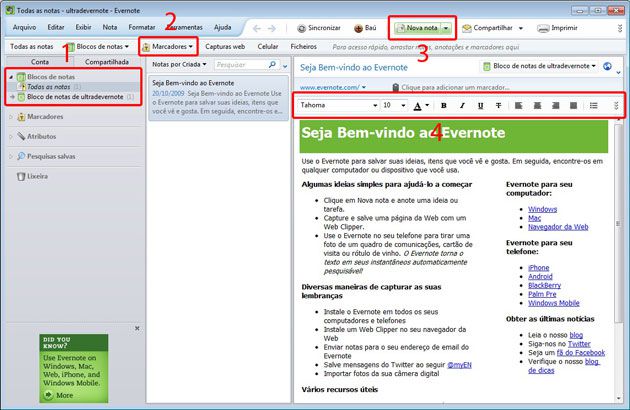 Tela inicial do Evernote Tela inicial do Evernote