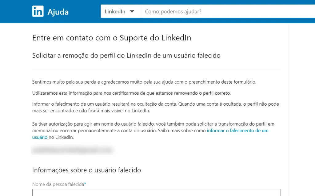 Formulário de suporte do LinkedIn (Imagem: Captura de tela/André Magalhães/Canaltech)