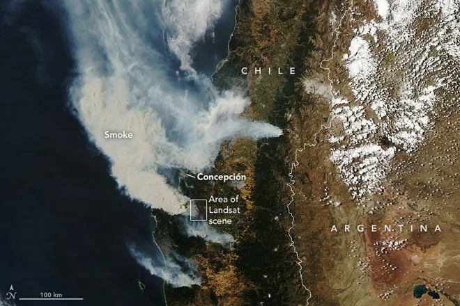 Fumaça dos incêndios no Chile em imagem capturada pelo satélite Aqua (Imagem: NASA Earth Observatory)