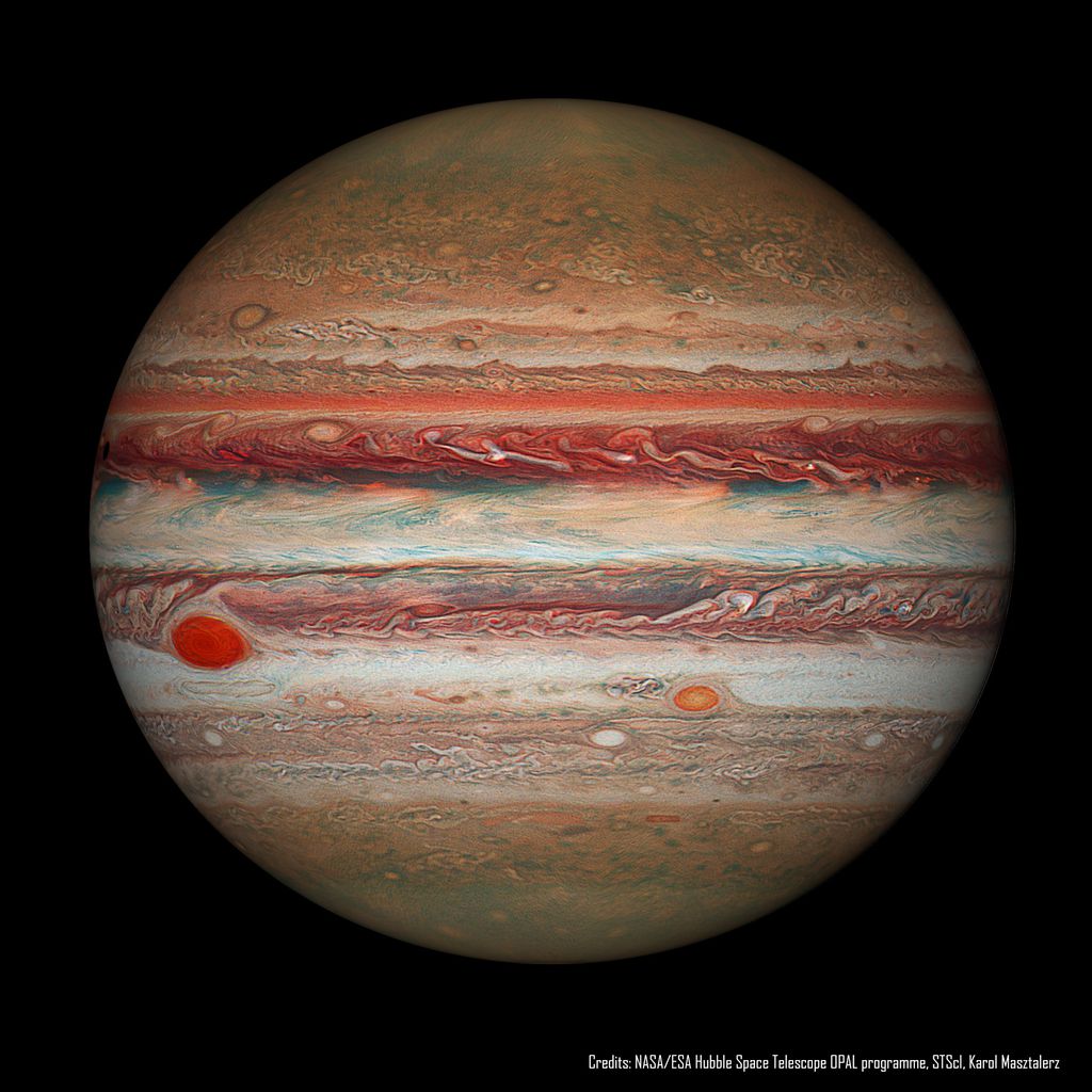 Foto de Júpiter feita em 2016 (Imagem: Reprodução/NASA, ESA, Hubble, OPAL Program, STScI; Processing: Karol Masztalerz)
