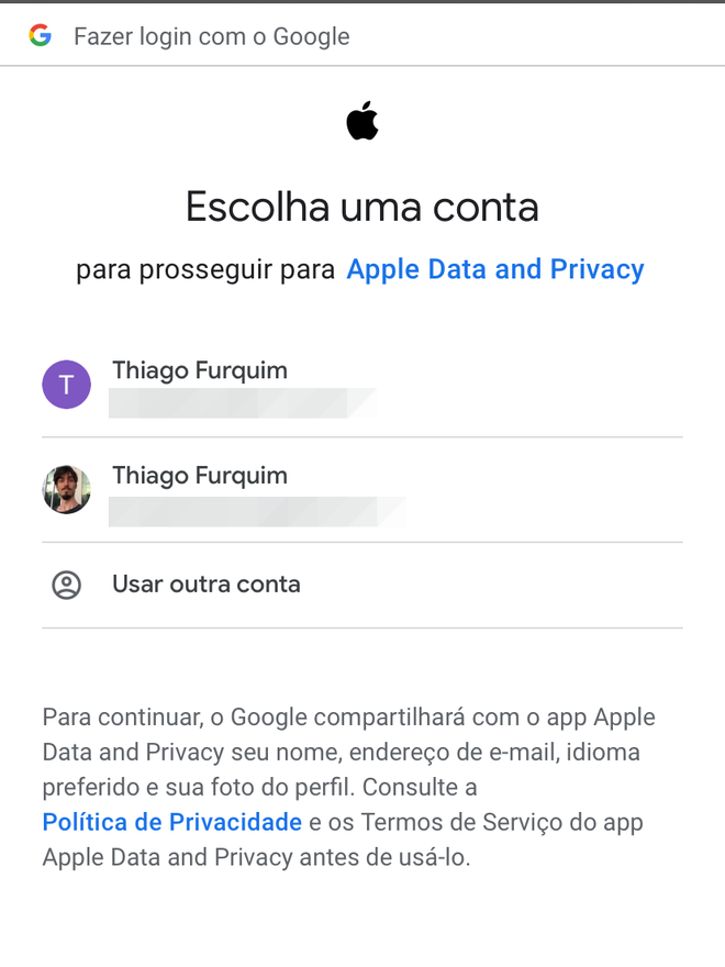 Escolha uma conta do Google para continuar com o processo - Captura de tela: Thiago Furquim (Canaltech)