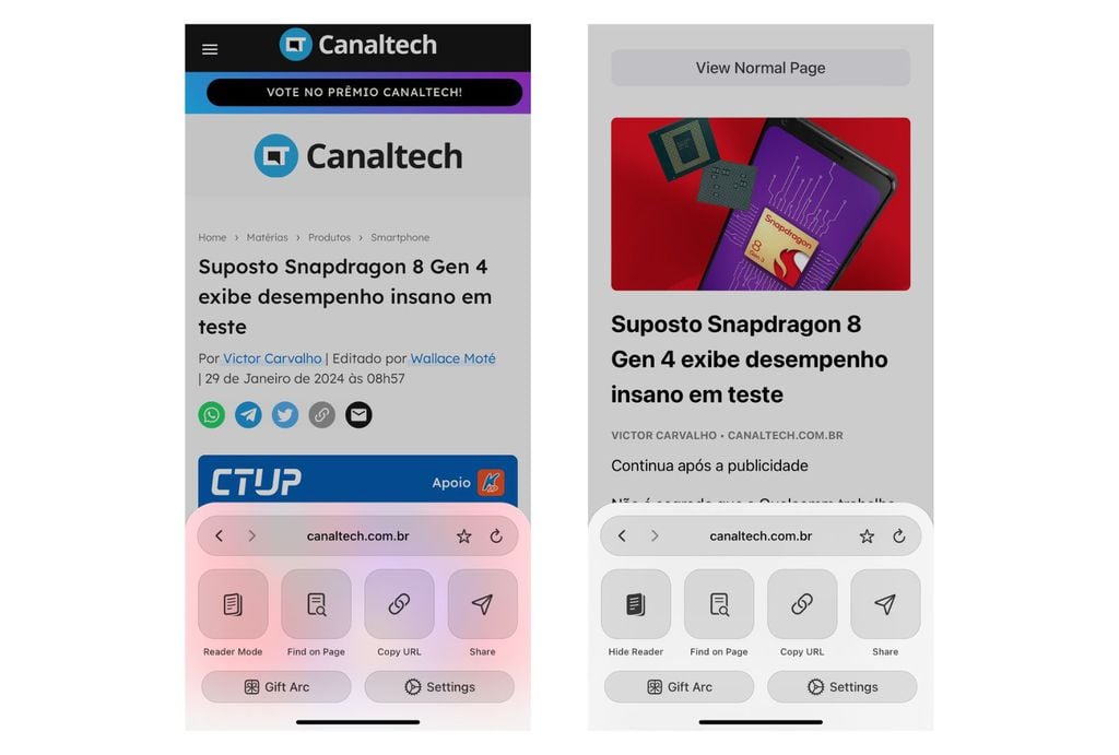 Aplicativo possui modo de leitura que remove elementos visuais das páginas (Imagem: Captura de tela/André Magalhães/Canaltech)