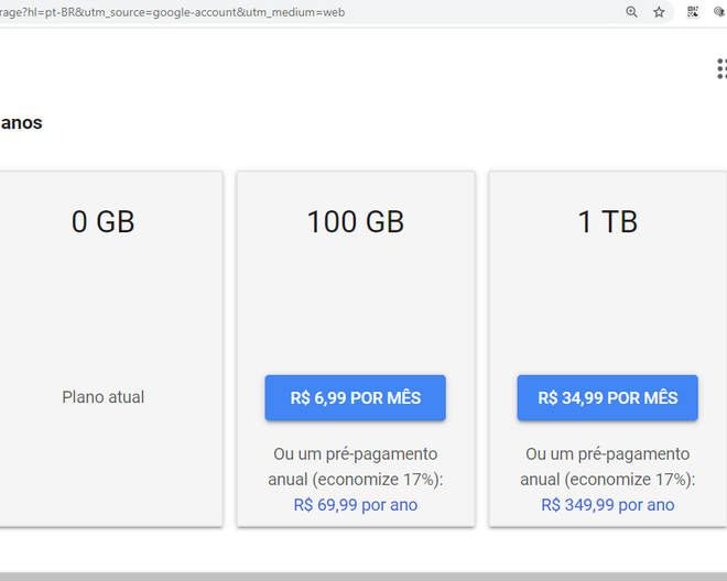 Você pode pagar antecipadamente por um ano de Google One e economizar até 17% (Captura de tela: Ariane Velasco)