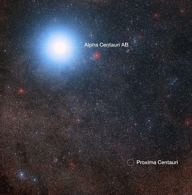 Embora a Proxima Centauri esteja mais perto de nós, seu brilho aparente no céu é fraco (Imagem: Reprodução/Digitized Sky Survey 2)