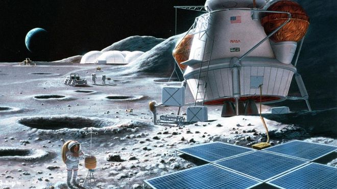 Conceito da futura base do programa Artemis, que visa estabelecer a presença humana permanente na Lua (Imagem: Reprodução/NASA)