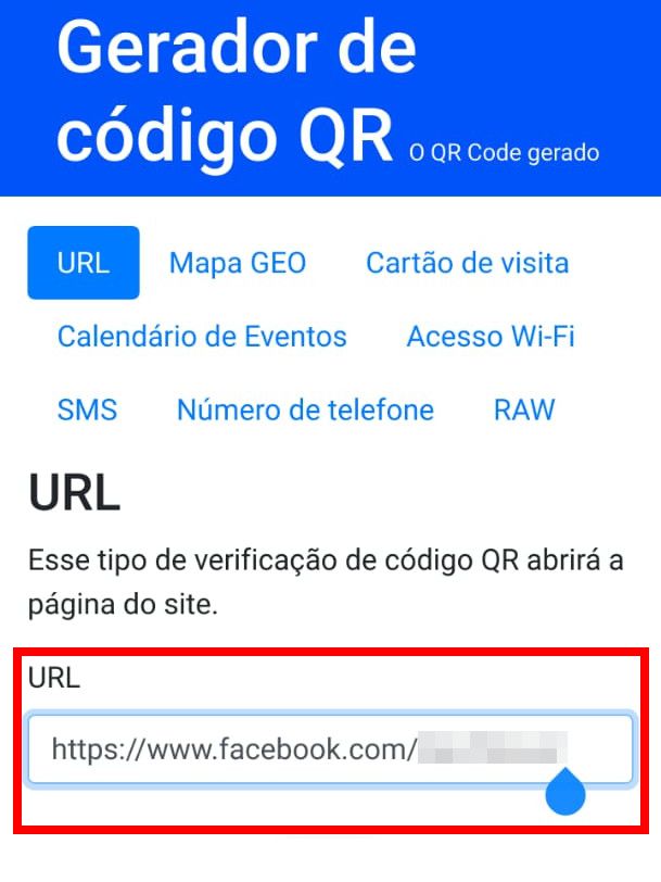 Abra o site Gerador de código QR e cole a URL no local indicado (Captura de tela: Matheus Bigogno)