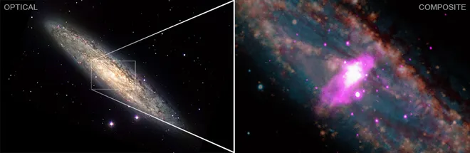 Observação do Chandra sobreposta a uma imagem da galáxia NGC 253 (NASA/CXC/The Ohio State Univ/S. Lopez et. al/NSF/NOIRLab/AURA/KPNO/CTIO/Spitzer/D. Dale et al/ESO/La Silla Observatory)