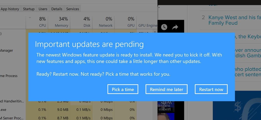 A opção de adiamento das atualizações foi vista pela primeira vez com o lançamento do Windows 10 1703 (Reprodução: ZDNet)