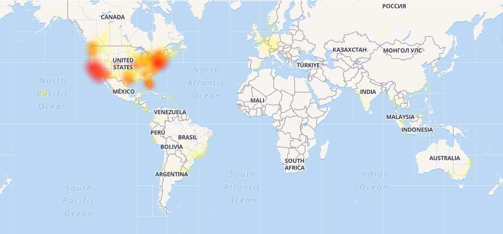 Mapa mostra as regiões mais afetadas pela queda dos servidores da Blizzard (Imagem: DownDetector)