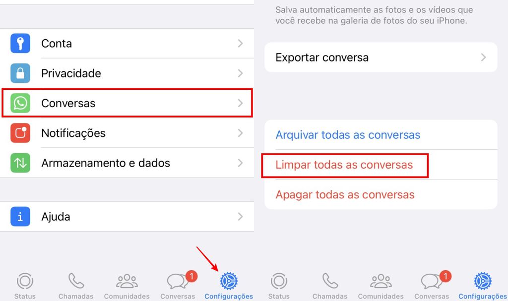 Em apenas três passos, você pode limpar todas as conversas do seu WhatsApp no iOS (Imagens: Captura de tela/Fabrício Calixto/Canaltech)