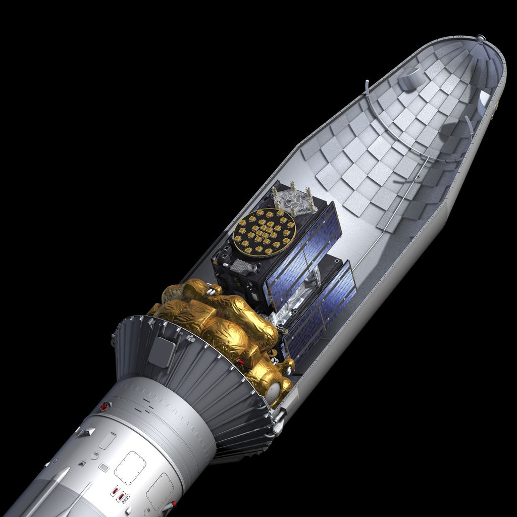 Ilustração dos satélites Galileo 27 e 28 no estágio superior do foguete Soyuz (Imagem: Reprodução/ESA/P. Carril)