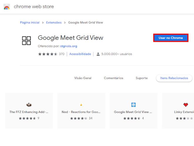 Procure o Google Meet Grid View na Chrome Web Store e clique em "Usar no Chrome" (Captura de tela: Matheus Bigogno)
