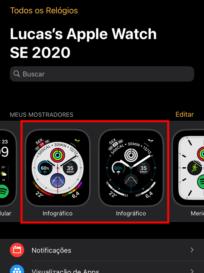 Abra o Watch e defina quais serão os mostradores que você vai utilizar. Captura de tela: Lucas Wetten (Canaltech)