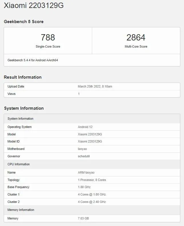 Xiaomi 12 Lite terá número de modelo 2203129G (Imagem: Reprodução/Geekbench)