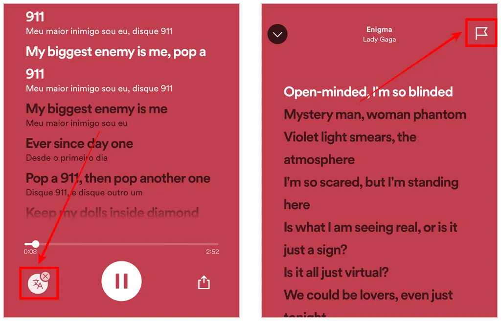 Interrompa a letra traduzida ou informe erros de tradução no Spotify (Captura de tela: Caio Carvalho)