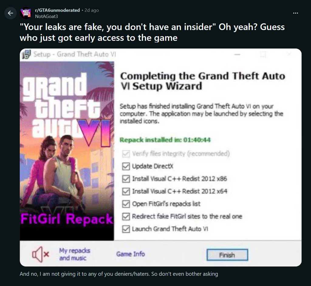 O suposto download de GTA 6 ainda se disfarça de torrent da famosa pirateira FitGirl Repack, dando credibilidade ao arquivo (Imagem: Reddit/Reprodução)