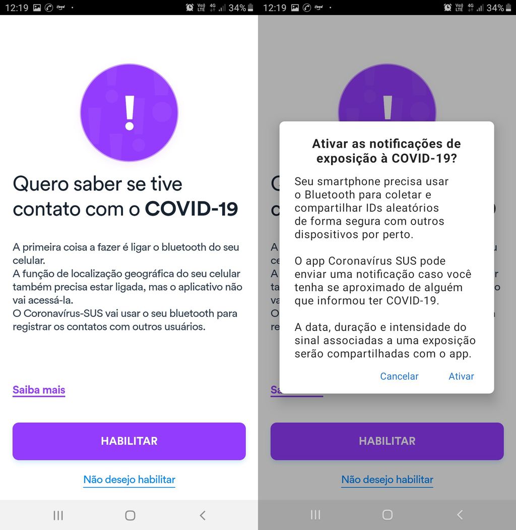 Telas do recurso de notificação de exposição no app Coronavíru-SUS (Captura: Rui Maciel)