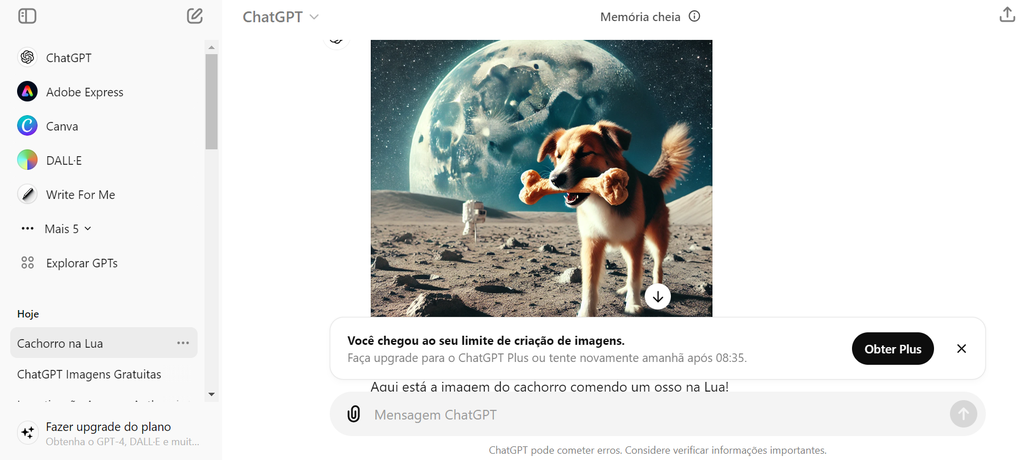 Versão gratuita do ChatGPT libera geração de 2 imagens por dia com o modelo DALL-E 3 (Imagem: Captura de tela/Guilherme Haas/Canaltech)