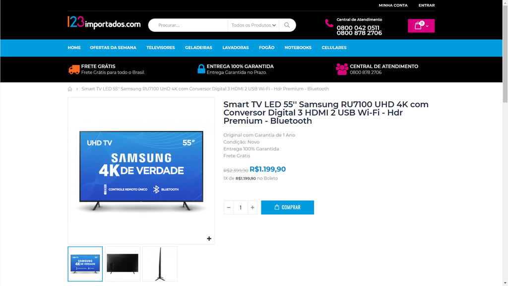 TV de 55" é anunciada por R$ 1.200 na loja; melhor preço na internet é R$ 2.500 (Imagem: Reprodução)