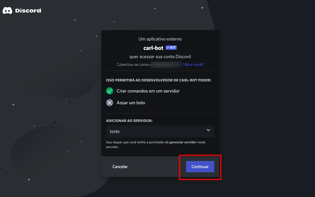 Autorize o acesso para criar registros no servidor do Discord (Captura de tela: André Magalhães)