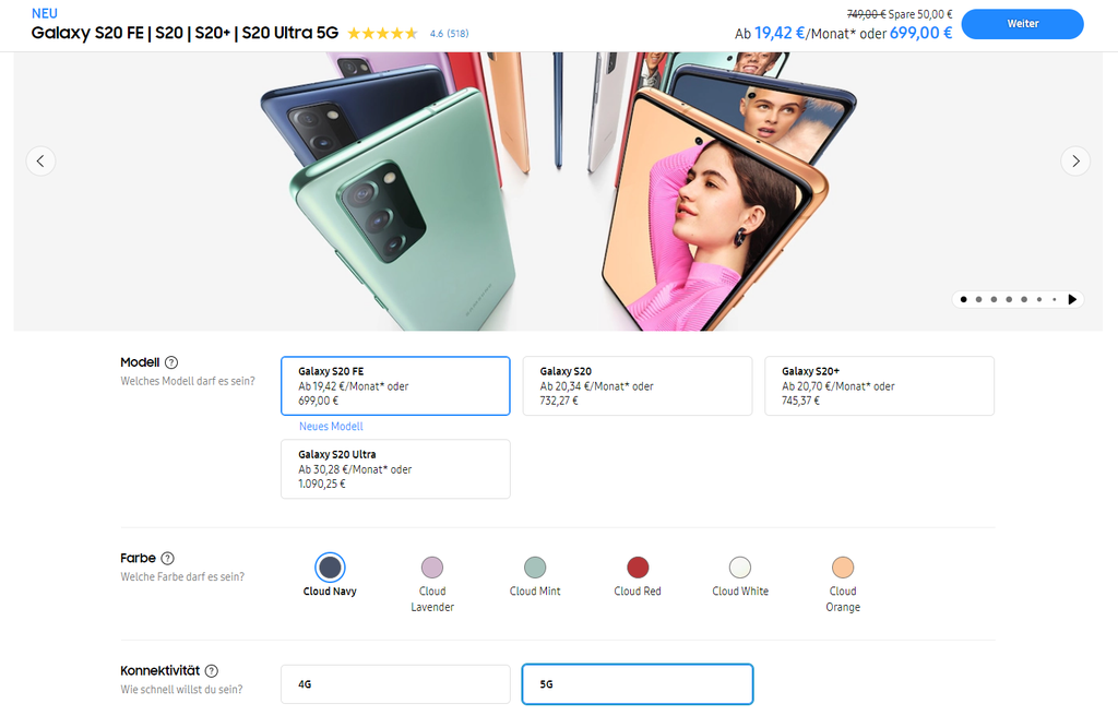 O Galaxy S20 FE com Snapdragon chega em versão 4G na Alemanha com preço sugerido de 599 euros (Imagem: Reprodução/Samsung)